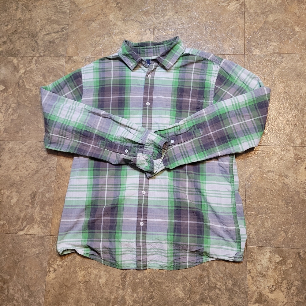 The North Face Button Up Shirt Mens Large L Green Long Sleeve Lightweight Plaid
